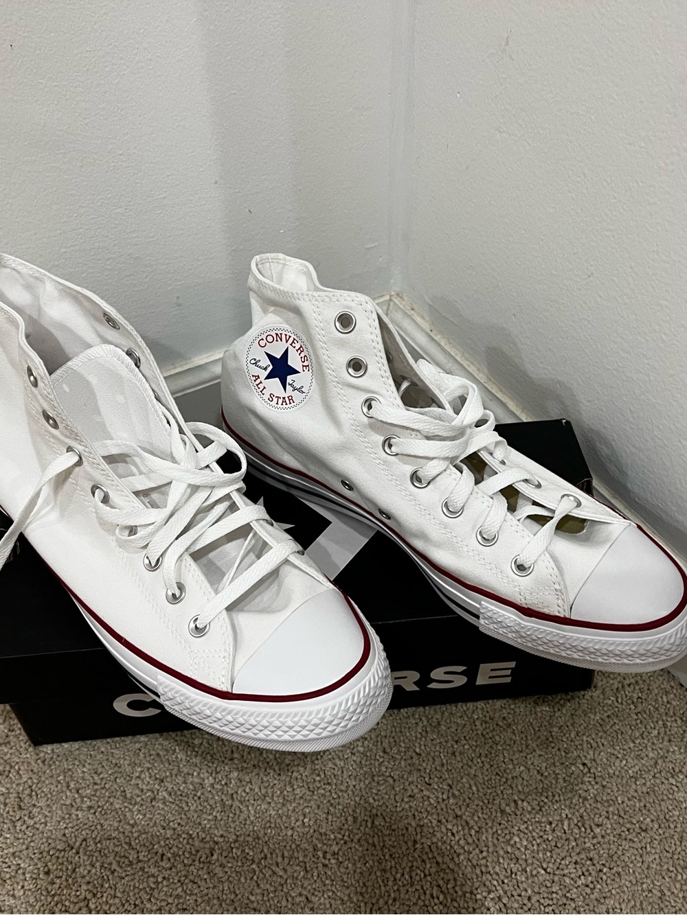 Converse White High-Top Sneakers with Red Stripe